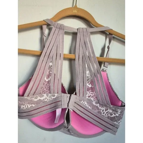 Victoria’s Secret PINK Lined Demi Bra 32DD Grey Pink Lace Racerback - Picture 3 of 6